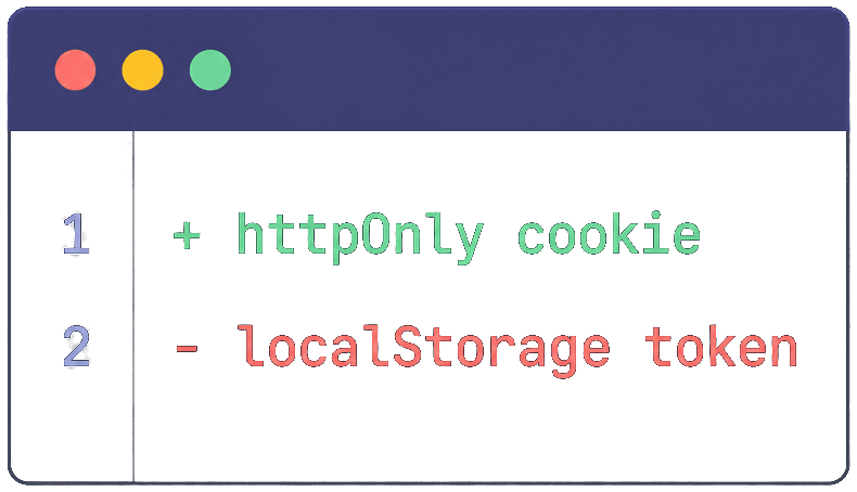 Your diff: + httpOnly cookie, − localStorage token